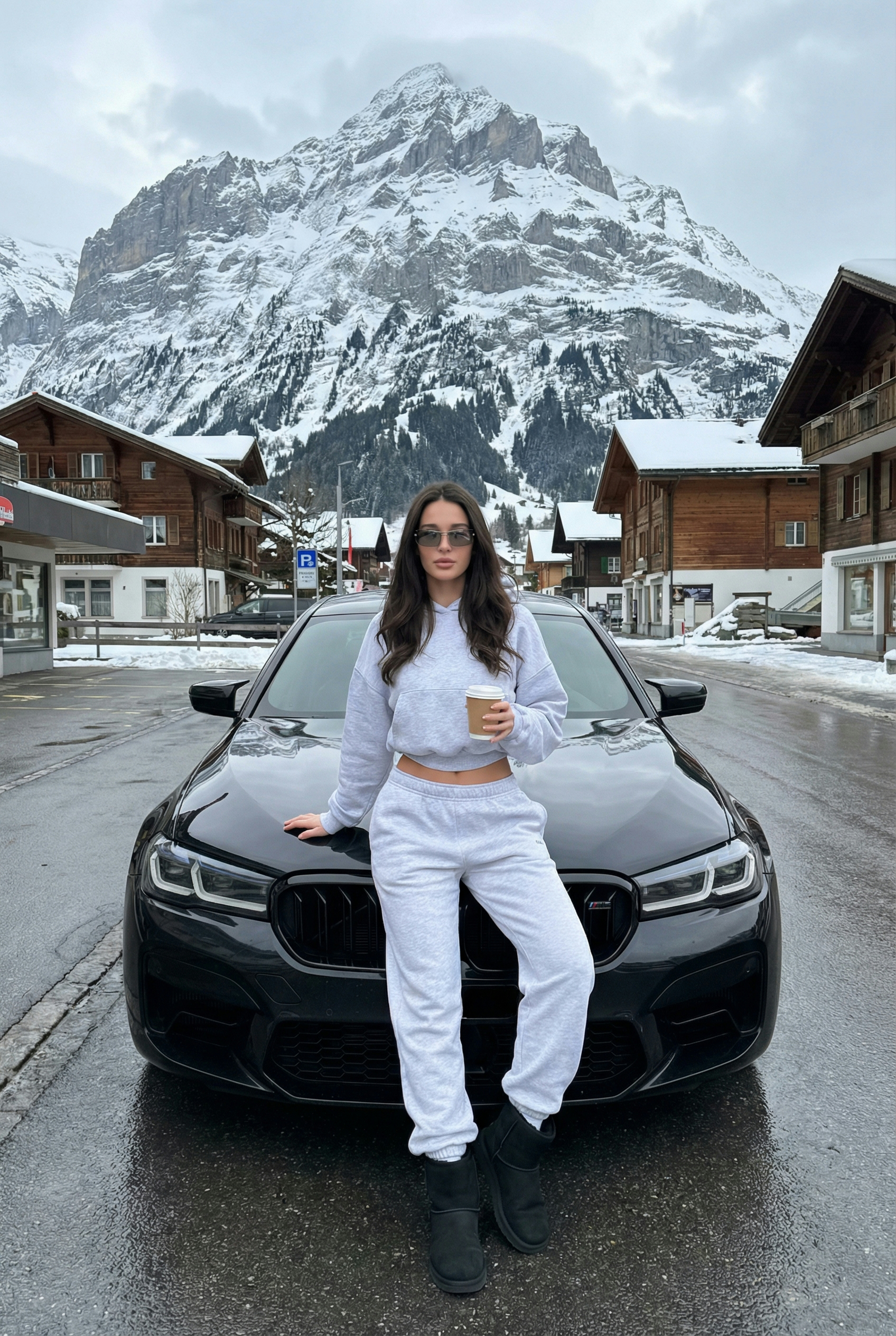 С BMW на фоне горы 