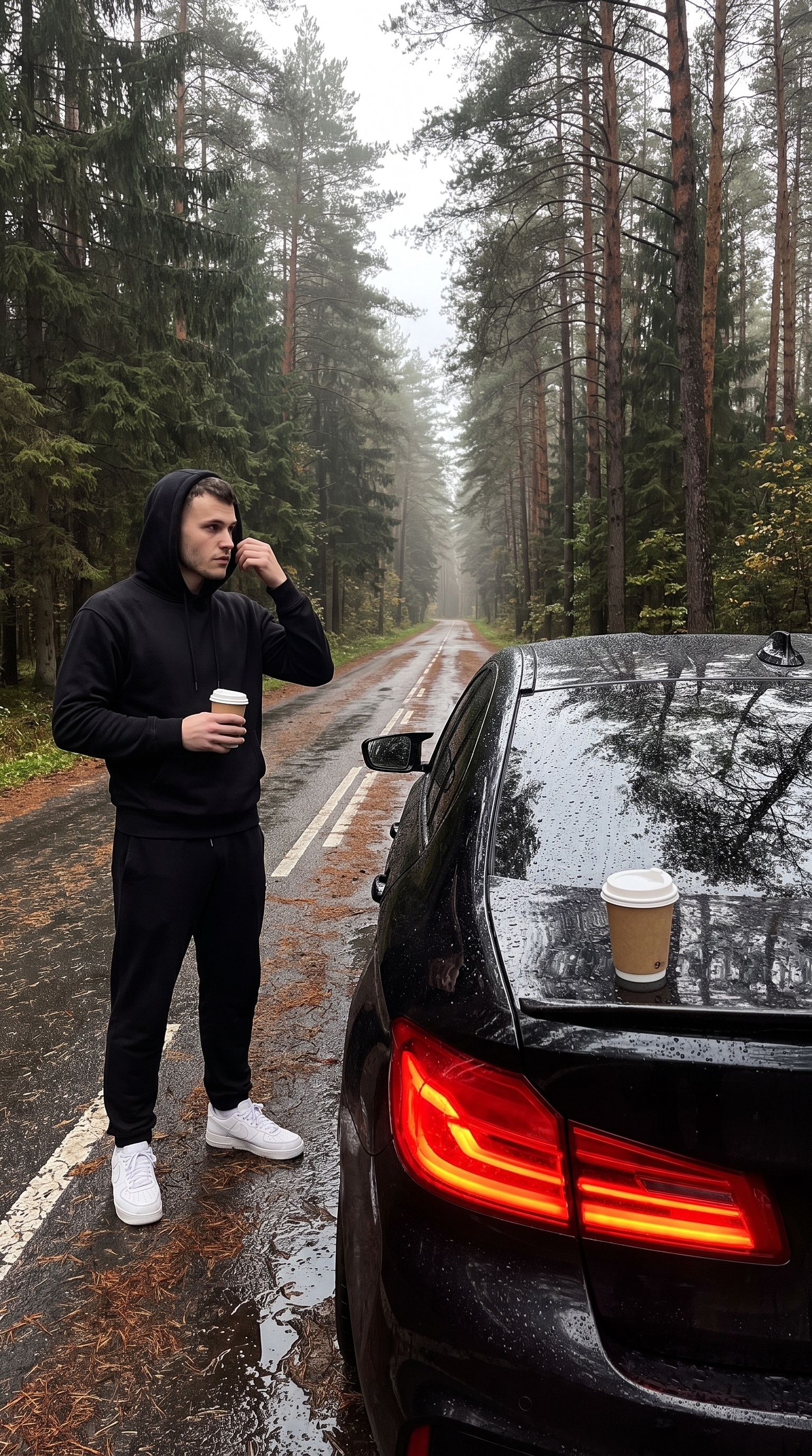 У чёрной BMW в лесу