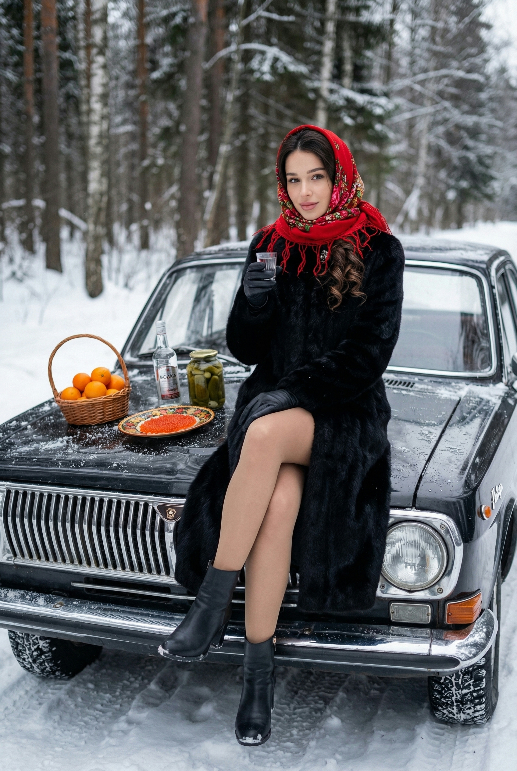 В платке на черной машине 